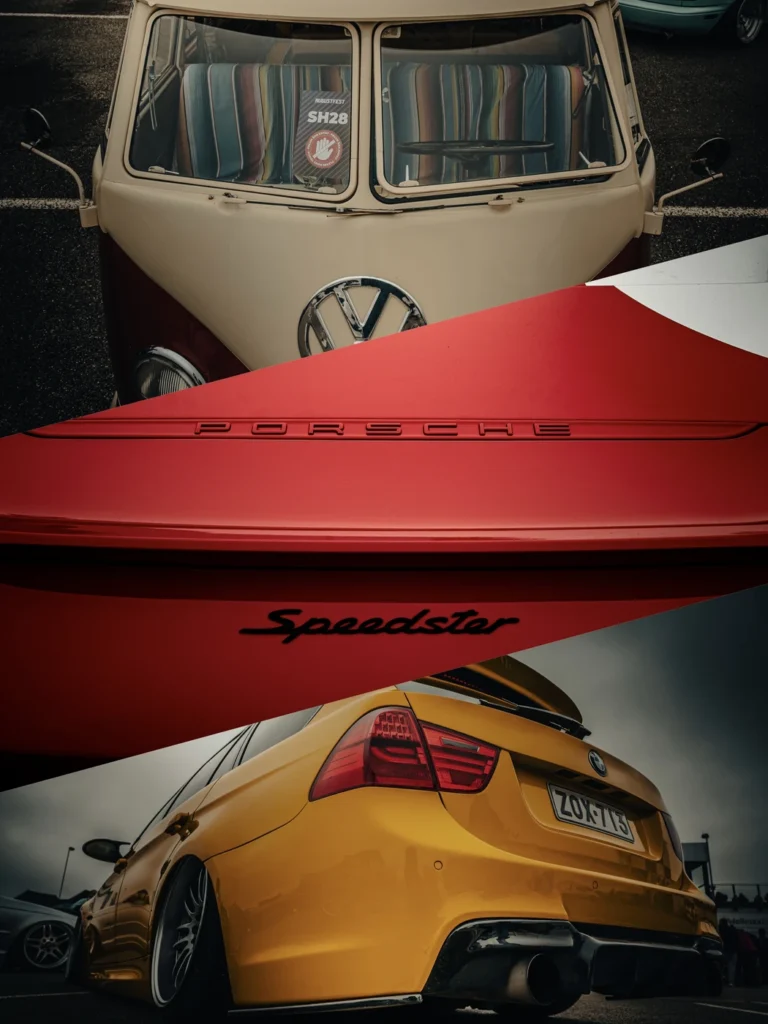 Close-up collage of a red boat, yellow car, and classic VW bus (Graafiline esteetika, vormide ja värvide kokkupõrge)